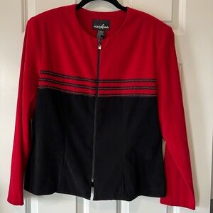 Positive attitude, red/black faux, suede jacket, size 16.